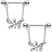 Load image into Gallery viewer, 14G 9/16 Pink Gem Leaves of Love Chain Dangle Nipple Ring Set
