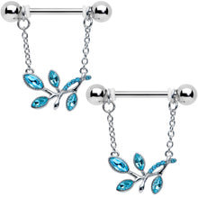 将图片加载到图库查看器，14G 9/16 Blue Gem Leaves of Love Chain Dangle Nipple Ring Set
