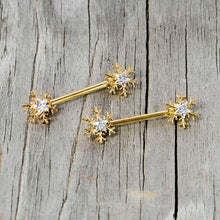 Load image into Gallery viewer, 14G 9/16 Clear Gem Gold Tone Snowflake Christmas Nipple Ring Set
