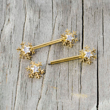 Load image into Gallery viewer, 14G 9/16 Clear Gem Gold Tone Snowflake Christmas Nipple Ring Set
