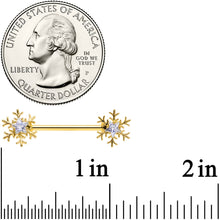 Load image into Gallery viewer, 14G 9/16 Clear Gem Gold Tone Snowflake Christmas Nipple Ring Set
