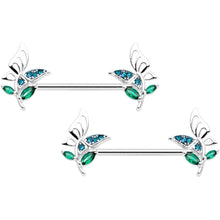 Load image into Gallery viewer, 14G 9/16 Blue Green Gem Floral Butterfly Nipple Ring Set
