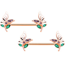 Load image into Gallery viewer, 14G 9/16 Rose Gold Hue Purple Gem Flora Butterfly Nipple Ring Set
