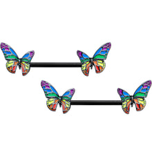 Load image into Gallery viewer, 14G 9/16 Black Rainbow Pride Butterfly Barbell Nipple Ring Set
