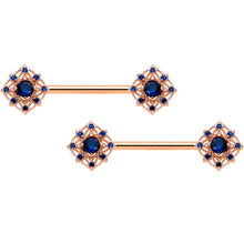 Load image into Gallery viewer, 14G 9/16 Blue Gem Rose Gold Tone Wicked Web Nipple Ring Set
