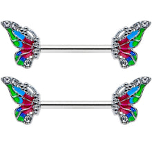Load image into Gallery viewer, 14G 1/2 Clear Gem Bright Beauty Butterfly Barbell Nipple Ring Set
