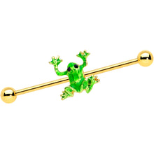 Load image into Gallery viewer, 14G Gold Tone Green Tree Frog Industrial Barbell 38mm
