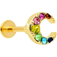 Load image into Gallery viewer, 16G 1/4 Rainbow Gem Gold Tone Crescent Moon Labret Tragus
