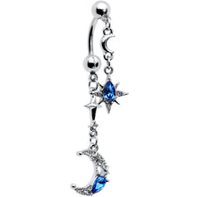 Load image into Gallery viewer, Clear Blue Gem Crescent Moon Star Double Mount Dangle Belly Ring
