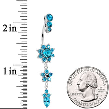 将图片加载到图库查看器，Blue Gem Triple Top Double Flower Drop Dangle Belly Ring
