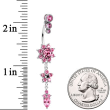 将图片加载到图库查看器，Pink Gem Triple Top Double Flower Drop Dangle Belly Ring
