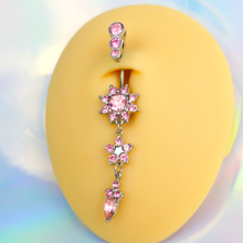 将图片加载到图库查看器，Pink Gem Triple Top Double Flower Drop Dangle Belly Ring
