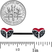 Load image into Gallery viewer, 14G 9/16 Black CZ Gem Black Unzipped Heart Barbell Nipple Ring Set
