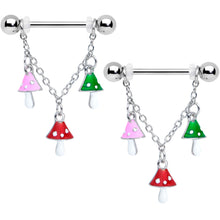 Load image into Gallery viewer, 14G 9/16 Pink Green Red Mushroom Chain Dangle Nipple Ring Set
