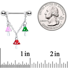 Load image into Gallery viewer, 14G 9/16 Pink Green Red Mushroom Chain Dangle Nipple Ring Set
