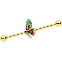 Load image into Gallery viewer, 14G Blue Gem Gold Tone Glitz Dragonfly Industrial Barbell 38mm
