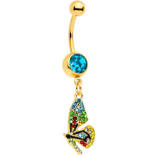Load image into Gallery viewer, Blue Red Green Gem Gold Tone Glitzy Dragonfly Dangle Belly Ring

