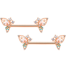 Load image into Gallery viewer, 14G 9/16 Clear CZ Gem Rose Gold Hue Butterfly Nipple Ring Set
