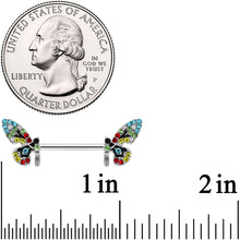 Load image into Gallery viewer, 14G 9/16 Red Blue Gem Multi Butterfly Barbell Nipple Ring Set
