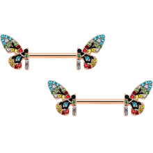 Load image into Gallery viewer, 14G 9/16 Red Blue Gem Rose Gold Tone Butterfly Nipple Ring Set
