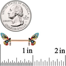Load image into Gallery viewer, 14G 9/16 Red Blue Gem Rose Gold Tone Butterfly Nipple Ring Set
