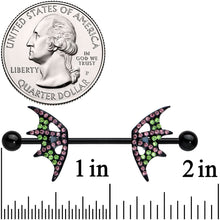 Load image into Gallery viewer, 14G 13/16 Pink Green Gem Black Bat Wing Barbell Nipple Ring Set
