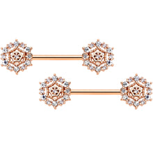 Load image into Gallery viewer, 14G 9/16 Clear CZ Gem Rose Gold Hue Geometric Web Nipple Ring Set
