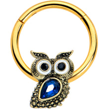 Load image into Gallery viewer, 16G 3/8 Blue Gem Gold Tone Wide Eyed Owl Hinged Segment Ring
