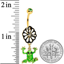 Load image into Gallery viewer, Clear Green Gem Gold Tone Flower Tree Frog Dangle Belly Ring
