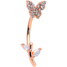 Load image into Gallery viewer, Clear CZ Gem Rose Gold Tone Butterfly Branch Top Mount Belly Ring
