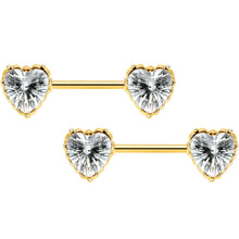 Load image into Gallery viewer, 14G 9/16 Clear CZ Gold Tone Heart Love Valentine Nipple Ring Set
