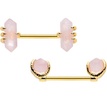 Load image into Gallery viewer, 14G 9/16 Pink Rose Quartz Gold Tone Claw Barbell Nipple Ring Set
