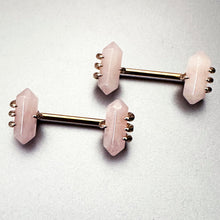 Load image into Gallery viewer, 14G 9/16 Pink Rose Quartz Gold Tone Claw Barbell Nipple Ring Set
