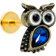 Load image into Gallery viewer, 16G 5/16 Blue Gem Gold Tone Wide Eyed Owl Labret Monroe Tragus
