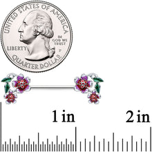 Load image into Gallery viewer, 14G 9/16 Purple Red Flower in Flower Barbell Nipple Ring Set
