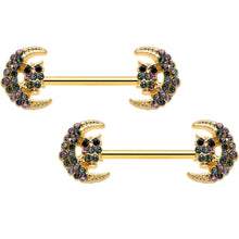 Load image into Gallery viewer, 14G 5/8 Aurora Gem Gold Tone Owl Moon Barbell Nipple Ring Set
