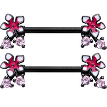 Load image into Gallery viewer, 14G 9/16 Pink Gem Black Fanciful Flower Barbell Nipple Ring Set
