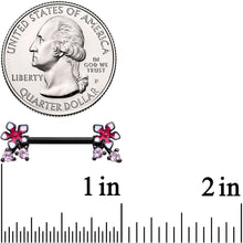 Load image into Gallery viewer, 14G 9/16 Pink Gem Black Fanciful Flower Barbell Nipple Ring Set
