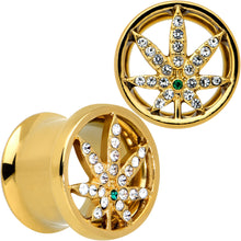 Load image into Gallery viewer, Green Gem Gold Tone Pot Leaf Double Flare Tunnel Plug Set
