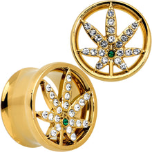 Load image into Gallery viewer, Green Gem Gold Tone Pot Leaf Double Flare Tunnel Plug Set
