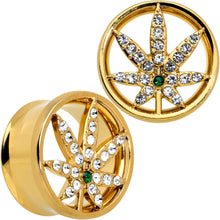 Load image into Gallery viewer, Green Gem Gold Tone Pot Leaf Double Flare Tunnel Plug Set
