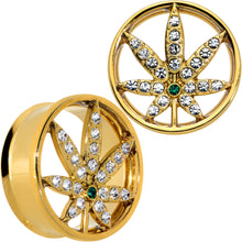 Load image into Gallery viewer, Green Gem Gold Tone Pot Leaf Double Flare Tunnel Plug Set
