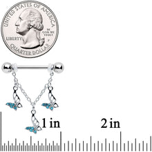 Load image into Gallery viewer, 14G 9/16 Blue Gem Open Butterfly Chain Dangle Nipple Ring Set
