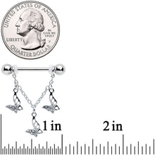 Load image into Gallery viewer, 14G 9/16 Clear Gem Open Butterfly Chain Dangle Nipple Ring Set
