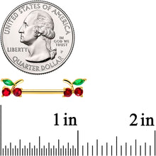 Load image into Gallery viewer, 14G 9/16 Red Gem Gold Tone Tasty Cherry Barbell Nipple Ring Set
