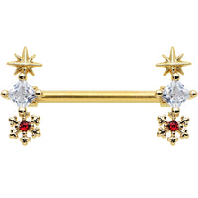 Load image into Gallery viewer, 14G 9/16 Red Gold Tone Snowflake Star Christmas Nipple Ring Set

