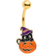 Load image into Gallery viewer, Gold Tone Black Cat Witch Pumpkin Halloween Belly Ring
