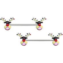 Load image into Gallery viewer, 14G 9/16 Colorful Reindeer Christmas Barbell Nipple Ring Set
