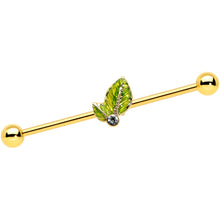 Load image into Gallery viewer, 14G Clear Gem Gold Tone Lush Green Leaves Industrial Barbell 38mm
