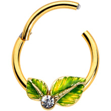 Load image into Gallery viewer, 16G 3/8 Clear Gem Gold Tone Lush Green Leaves Hinged Segment Ring
